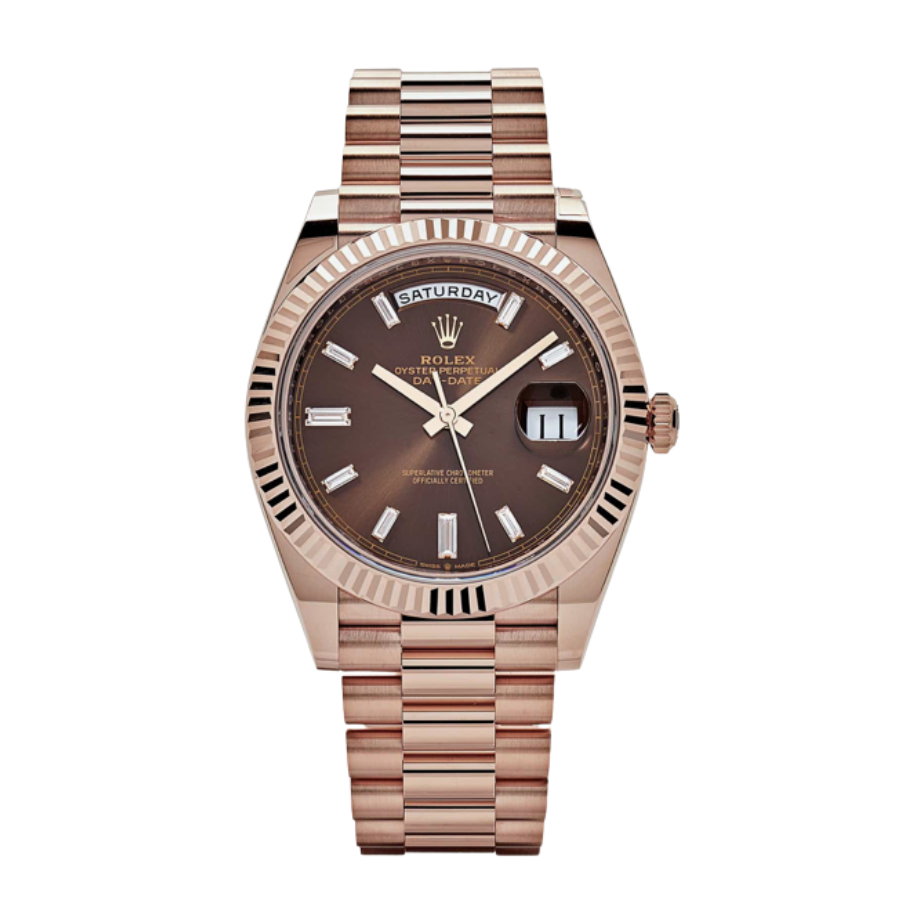 Day-date rose gold chocolate baguette diamond dial 40mm
